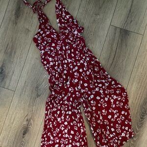 Moon River Red Floral Halter Jumpsuit